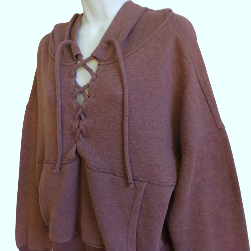 Free People FP Movement Plum Believe It  Sweatshirt Hoodie Lace Up Kangaroo Pock